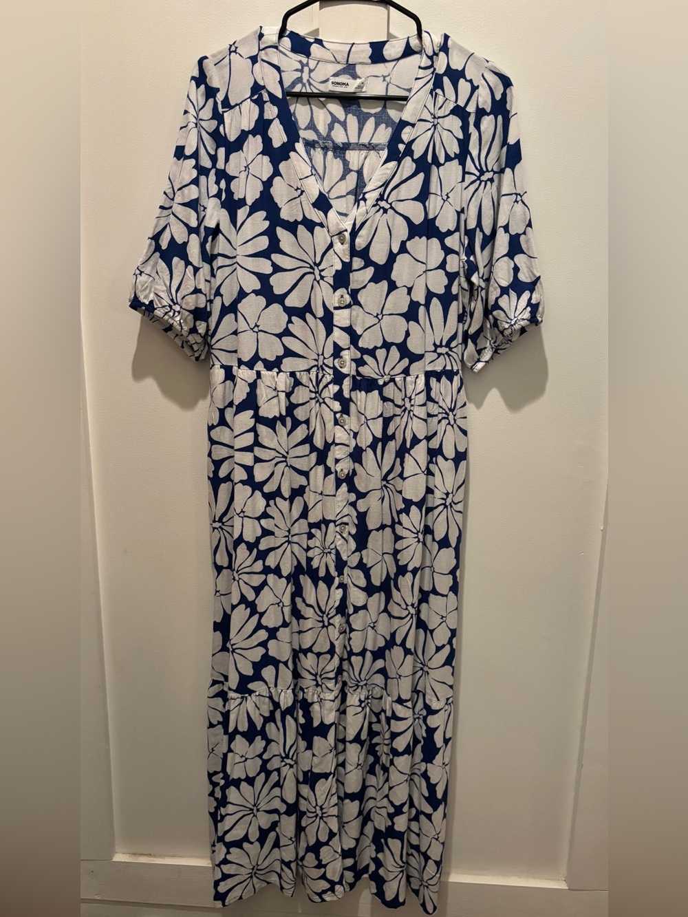 Sonoma Blue & White Floral Linen Blend Midi Dress Sz M